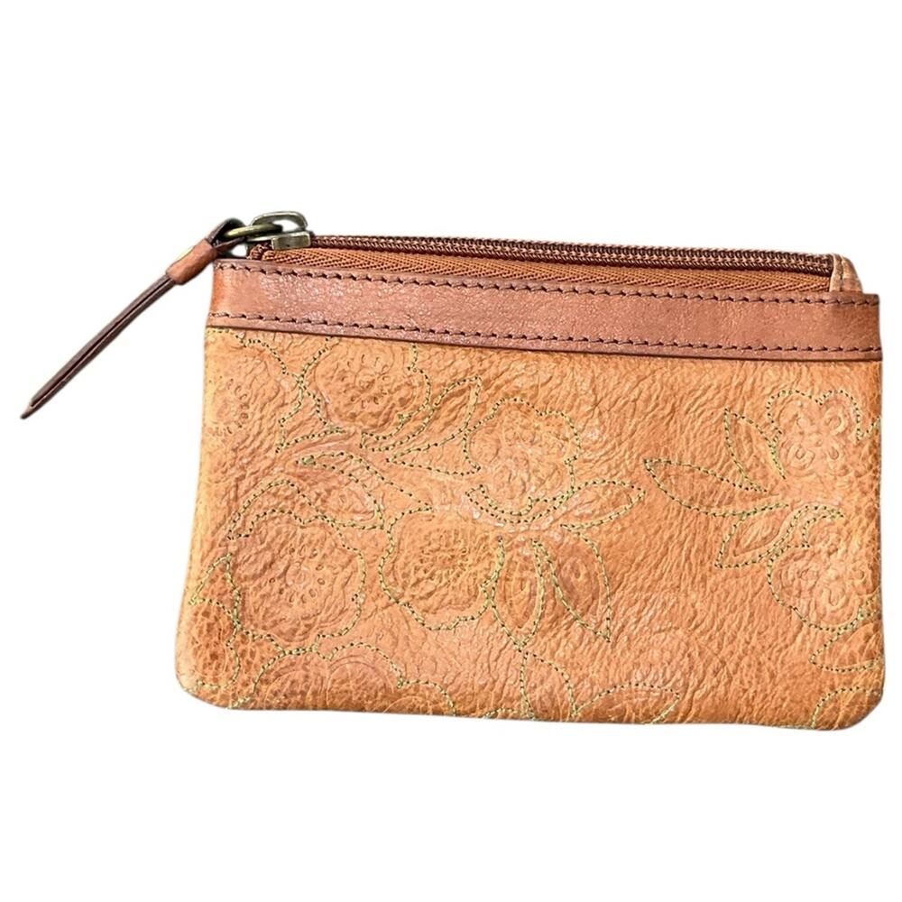 Fossil Brown with green Floral Stitched Leather ID Wallet EUC